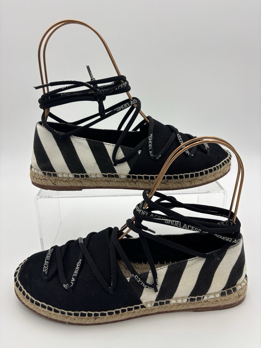 Off-White Diagonals Canvas Espadrilles Black White Stripe Ankle Wrap Size 38